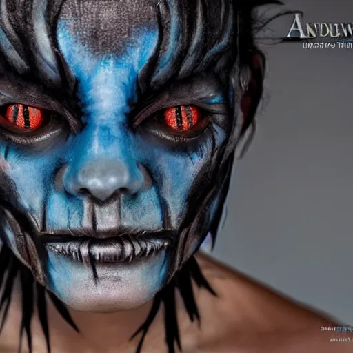 Image similar to a demon inspired by mayan blue created by the make up artist hungry, photographed by andrew thomas huang, cinematic, expensive visual effects