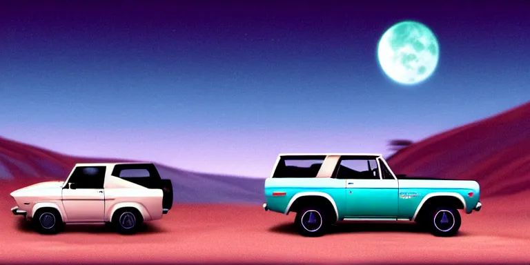 Image similar to a cinematic keyframe matte painting of a sleek 1 9 7 0 s vaporwave concept vehicle retro - futurism sci - fi sky blue 2 0 2 4 ford bronco car in an open garage in the colorado, view from the street. in the moonlight. rocky mountains. by eric lafforgue, glennray tutor and edward hopper, greg rutkowski. trending on artstation.