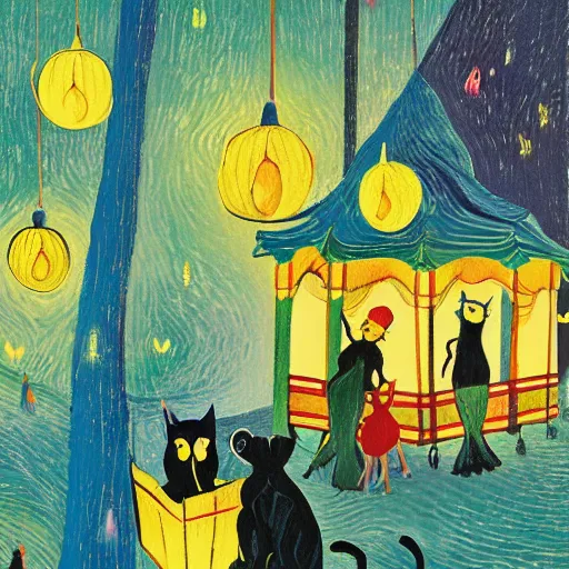 Prompt: detailed painting of cats and caterpillars at a carnival at night watching paper lanterns, in the style of eyvind earle and vincent van gogh