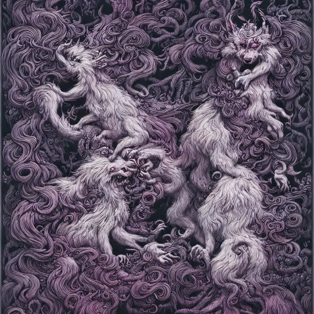 Image similar to monster of fur and black oil by james jean, photoillustration, mystical baroque, pastel synthwave