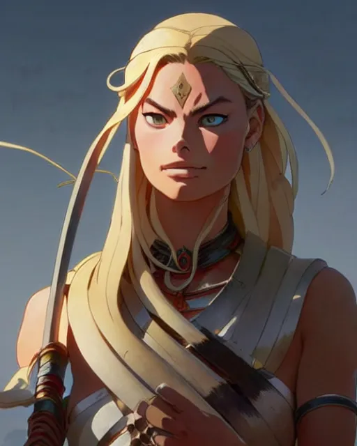 Image similar to azctec warrior, margot robbie, detailed perfect face, exquisite details, fire magic, mid view, design on a white background, by studio muti, greg rutkowski makoto shinkai takashi takeuchi studio ghibli