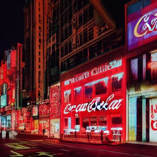 Image similar to a cyberpunk city with crazy illuminated coca - cola and apple signs