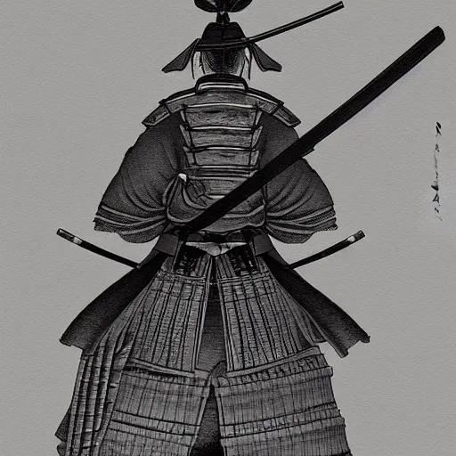 Image similar to A FULL BODY PORTRAIT FROM BEHIND OF A SAMURAI WITH 2 KATANAS , concept art,HIGHLY DETAILED ink style , sketch