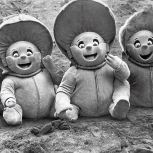 Image similar to teletubbies in a trench during world war 2