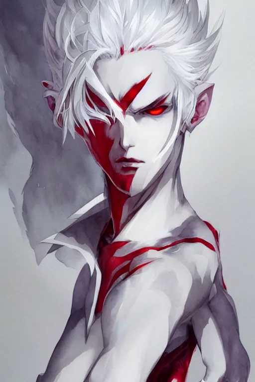 Prompt: Full body Portrait of young, evil anime villain with white hair and dark red eyes\', full of details, watercolor painting, concept art, smooth, by Ina Wong and wlop ，trending on cgsociety and artstation，8kHDR，light effect