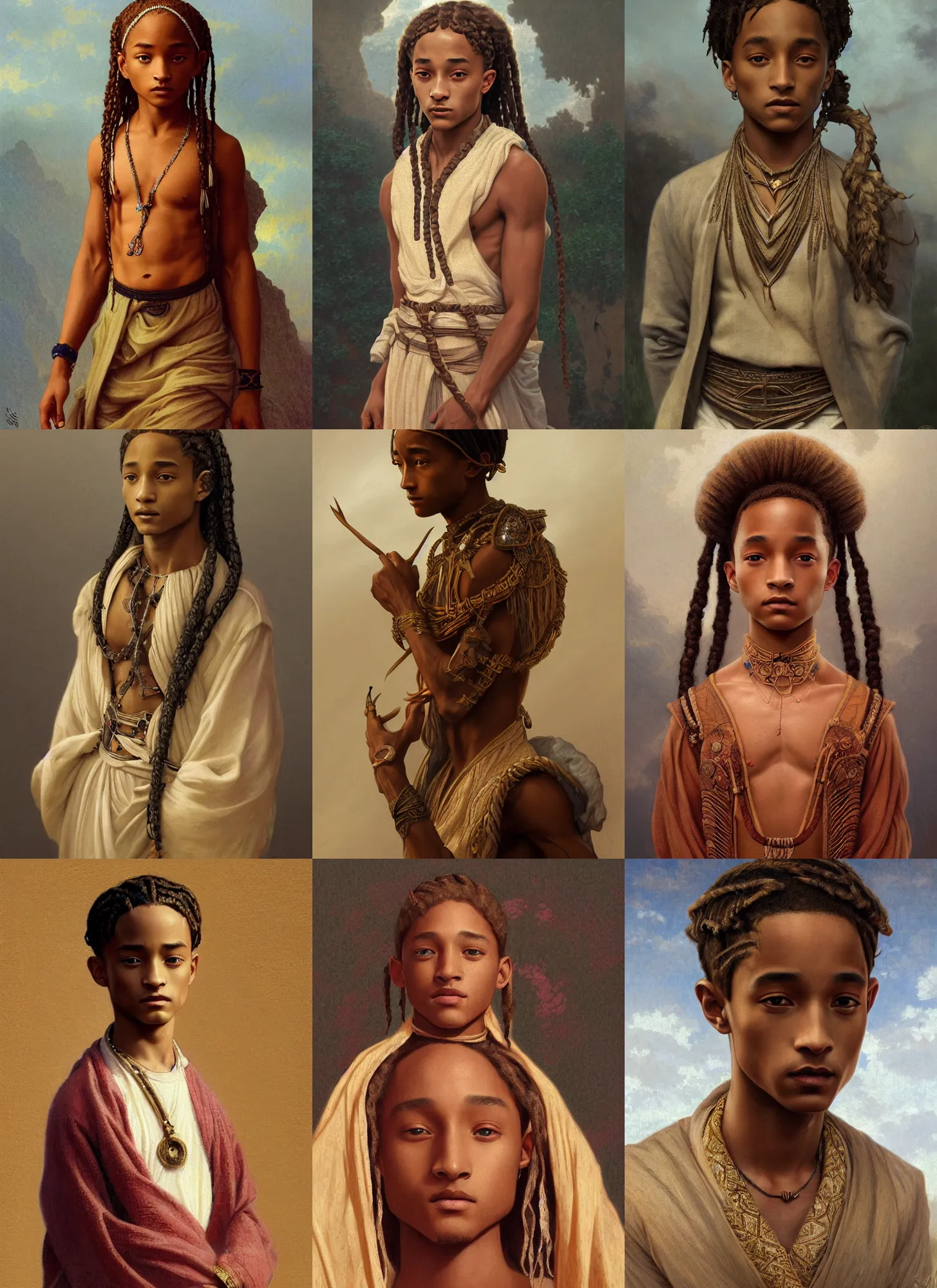 Prompt: young jaden smith as ancient libu, cornrows, broad collar, intricate, elegant, highly detailed, digital painting, artstation, concept art, smooth, sharp focus, illustration, orientalism, bouguereau, rutkowski, mucha