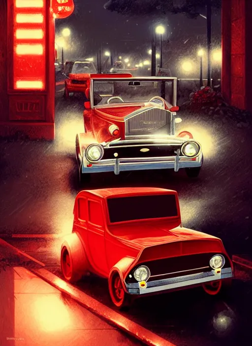 Image similar to teenage archie andrews, in a red ford model t, intricate, elegant, glowing lights, highly detailed, digital painting, artstation, sharp focus, illustration, art by wlop, mars ravelo and greg rutkowski