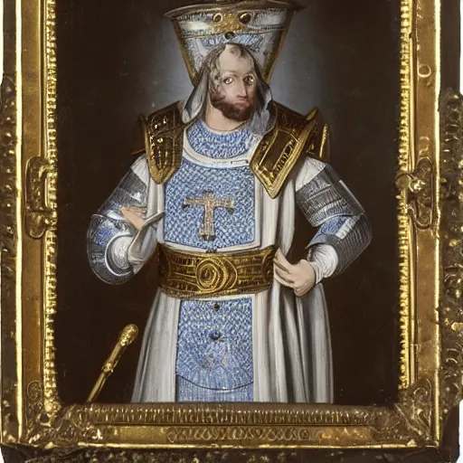 Prompt: man in white and decorated with gold baroque style armor with kingdom of jerusalem emblem on his chest