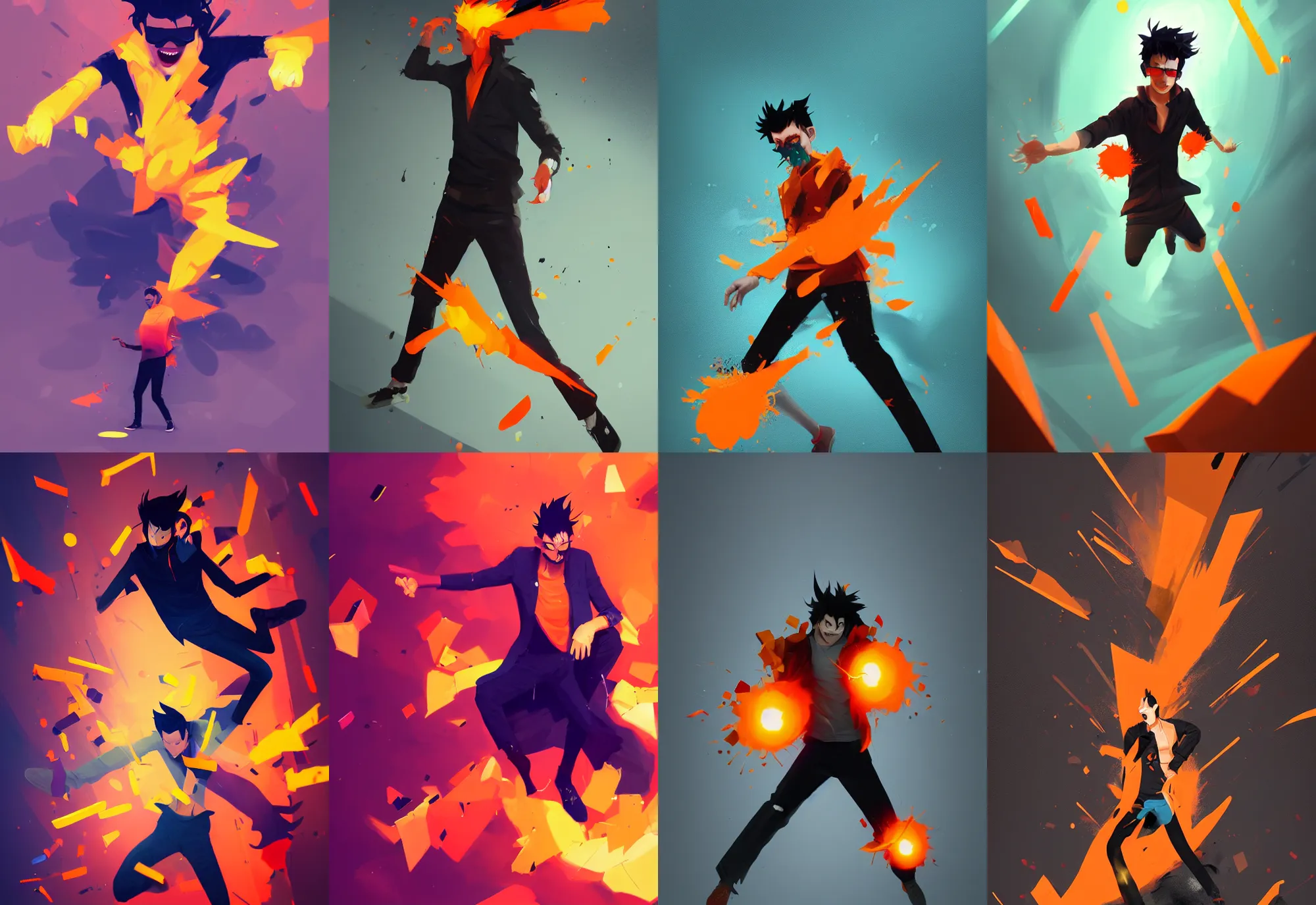 Prompt: a mad guy with spike black hair, orange spike aura in motion, damaged clothes, floating pieces, painted by sylvain sarrailh, trending on artstation