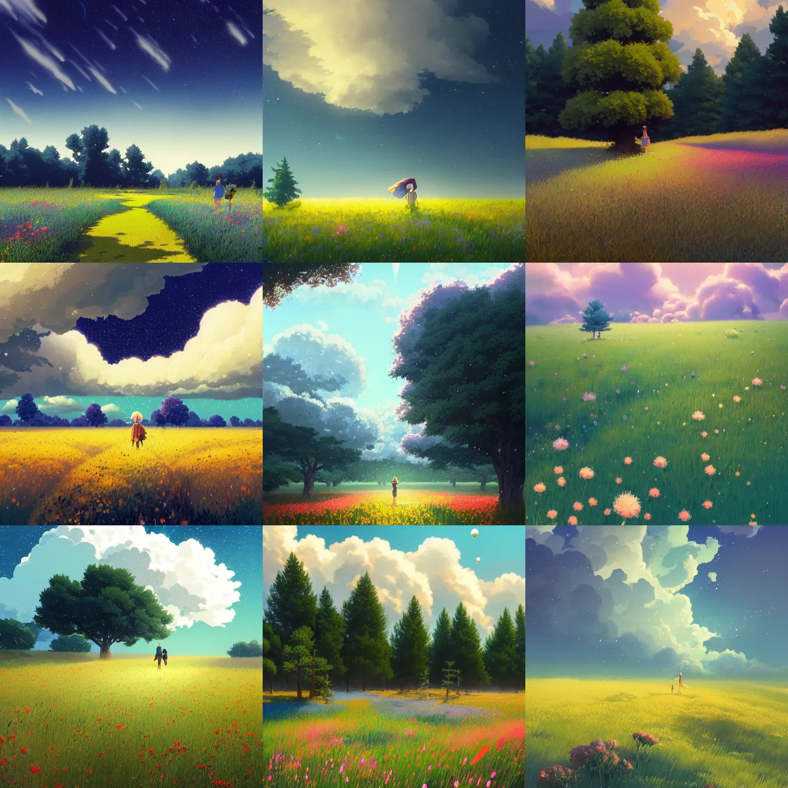 Prompt: field of flowers with pine tree at far distance ,big stormy cloud in blue sky, particles, shiny, bokeh effect, Studio Ghibli, animated, illustrated, vibrant, by Greg Rutkowski and Ilya Kuvshinov, artstation, oil painting, detailed, 4k, colorfull