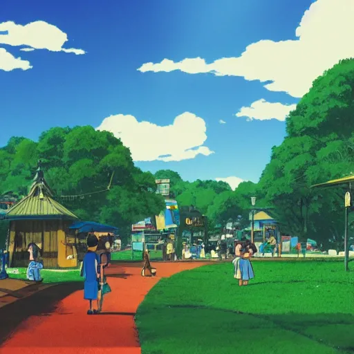 Prompt: Busytown park, optimistic colors, moody, blue sky, 8k, by studio ghibli and greg rutkowski -n 9