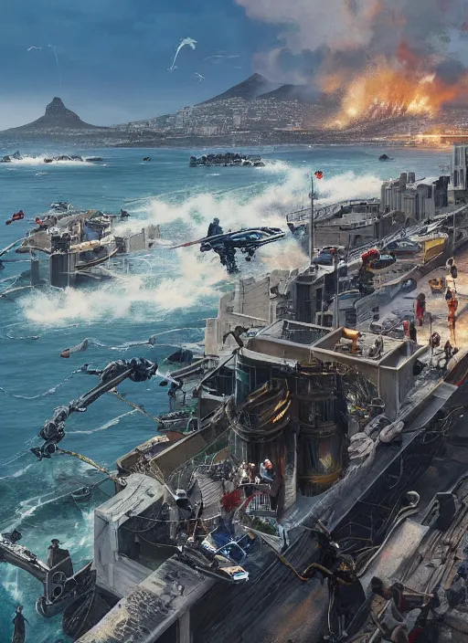 Image similar to hyper realistic robot attacking cape town city harbor beautiful details, strong composition, poster painted by greg rutkowski, james gurney and greg rutkowski weta studio, and lucasfilm and best of artstation