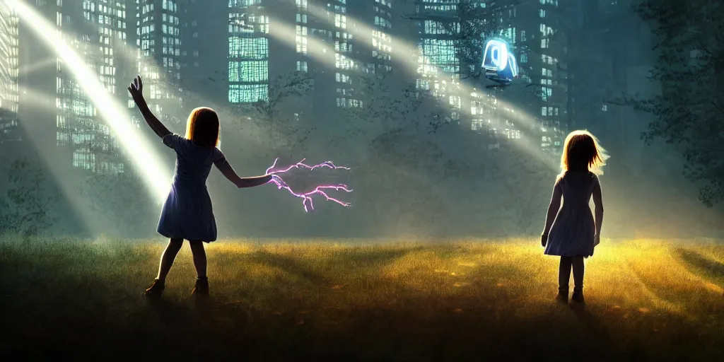 Image similar to sci - fi scene future new york, little girl by herself in the city holding onto the outstretched hand of a giant robot, forest punk, little girl meets robot, crepuscular rays, epic scene, hyper realistic, photo realistic, overgrowth, cinematic atmosphere, ethereal lighting,