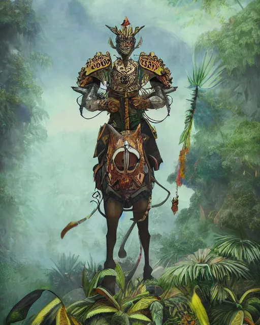 Prompt: spanish conquistador wearing ornate armor in a dense foggy jungle environment by pablo picasso and miyazaki, octane, studio ghibli color scheme, intricate, portrait, anatomy, trending on artstation