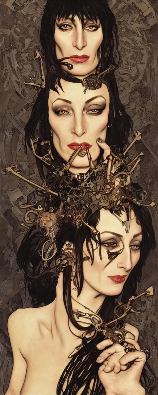 Prompt: striking sensual cartoon art nouveau style portrait of anjelica huston as an industrial crustpunk rebel soldier by glenn fabry, simon bisley and alphonse mucha, photorealism, extremely hyperdetailed, perfect symmetrical facial features, perfect anatomy, ornate declotage, spikes, latex, excited expression, wild eyes