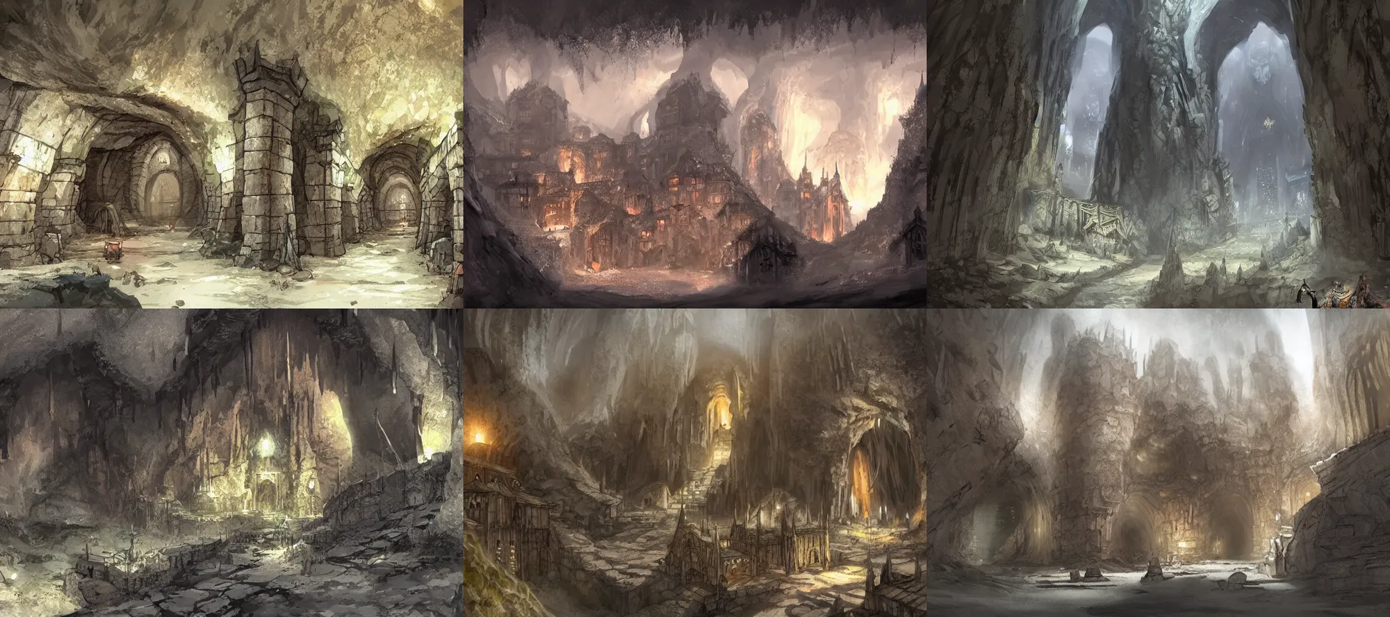 Prompt: A medieval city hidden deep within a giant cave. Concept art, fantasy.