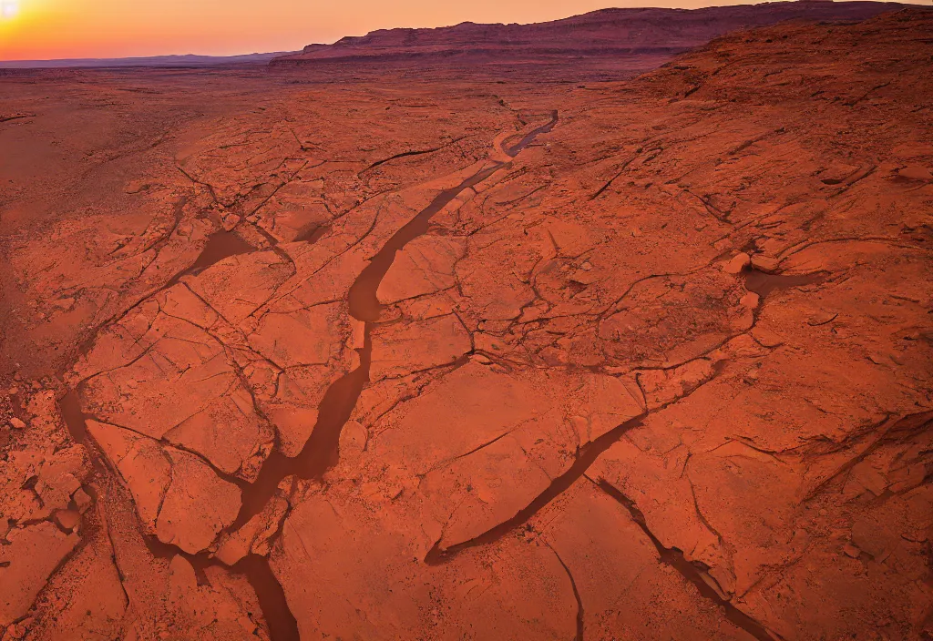 Image similar to a dried up river bend running through a canyon surrounded by desert mountains at sunset on mars, planet mars, moab, utah, a tilt shift photo by frederic church, trending on unsplash, hudson river school, photo taken with provia, national geographic photo