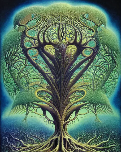 Image similar to tree of life by roger dean and andrew ferez, art forms of nature by ernst haeckel, divine chaos engine, symbolist, visionary, art nouveau, botanical fractal structures, organic, detailed, realistic, surreality