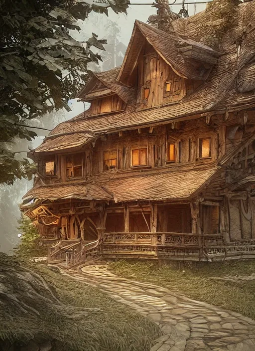 Prompt: a wood carved house on a mystic groove, art style by kim jung gi karl marx greg rutkowski, au naturel, hyper detailed, digital art, trending in artstation, cinematic lighting, studio quality, smooth render, unreal engine 5 rendered, octane rendered