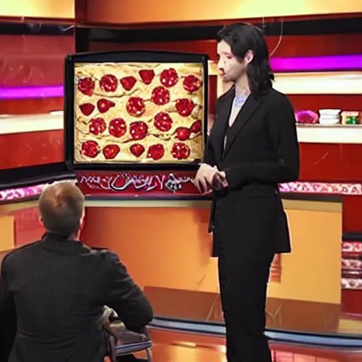 Image similar to vampire being interviewed on national television about pizzas paiting, high deatils