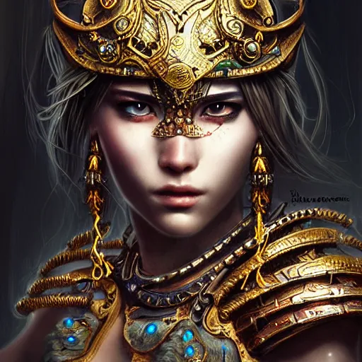 Image similar to beautiful extremely detailed intricate concept art depicting a warrior by wlop. shining jewelry.