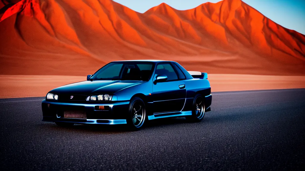 Image similar to three quarter front photo of a stock dark grey nissan r 3 2 skyline gtr on a road in a desert with a mountain in the background in the early morning, car photography, zoom lens, blue hour, photorealistic