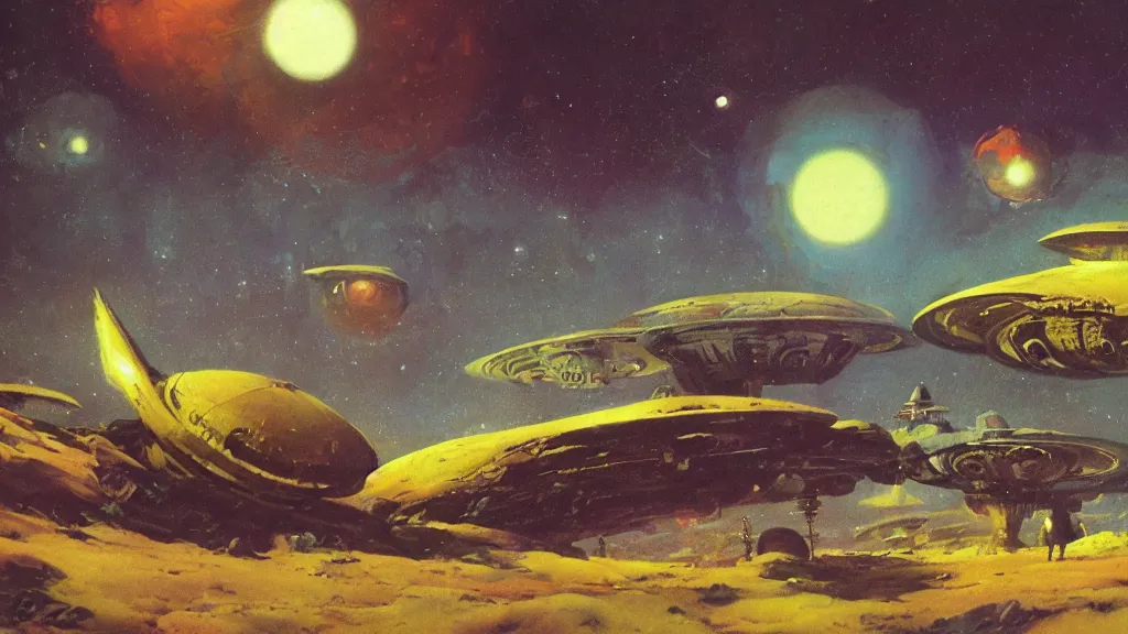 Prompt: eerie atmospheric alien planet with a small dropship pod landing by paul lehr and jack gaughan and john schoenherr, epic cinematic matte painting