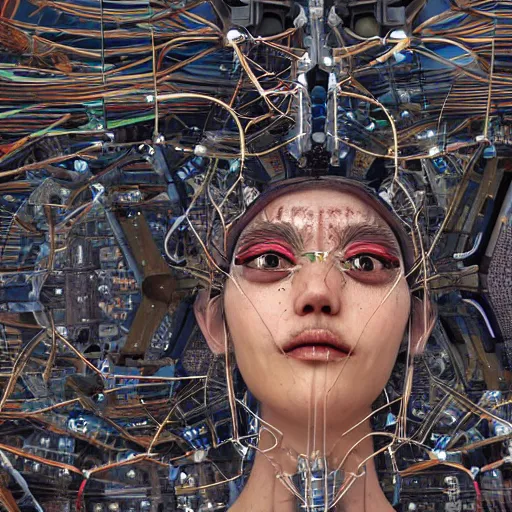 Prompt: space station on the moon, piles of modular synth cables mixed with mangrove roots, kawaii puerto rican goddess staring through your soul wearing a headpiece made of circuit boards, by cameron gray, wlop, stanley kubrick, masamune, hideki anno, jamie hewlett, unique perspective, trending on artstation, cinematic, 3 d render, vivid