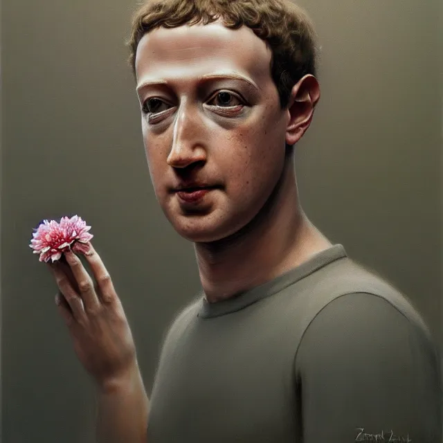 Prompt: mark zuckerberg holding a flower by Zdzisław Beksiński, trending on artstation, realistic, detailed, concept art, horror, illustration, oil painting