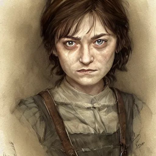 Prompt: portrait of shopie turner as arya stark, by jean - baptiste monge