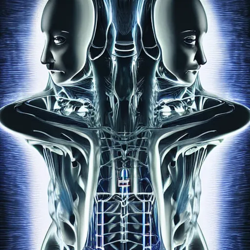 Prompt: The first artificial general intelligence awakens - award-winning digital artwork by Azimov, Dali, H. R. Giger, and Dali. Stunning lighting