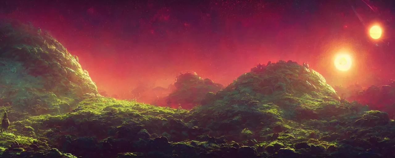 Image similar to ” outer planet landscape, [ cinematic, detailed, epic, widescreen, opening, establishing, mattepainting, photorealistic, realistic textures, octane render, art by paul lehr ] ”