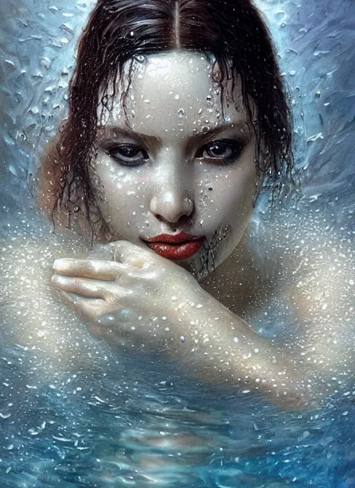 Prompt: a beautiful portrait of a woman submerged in water only face visible, bathtub, award winning photography, karol bak, rutkowski