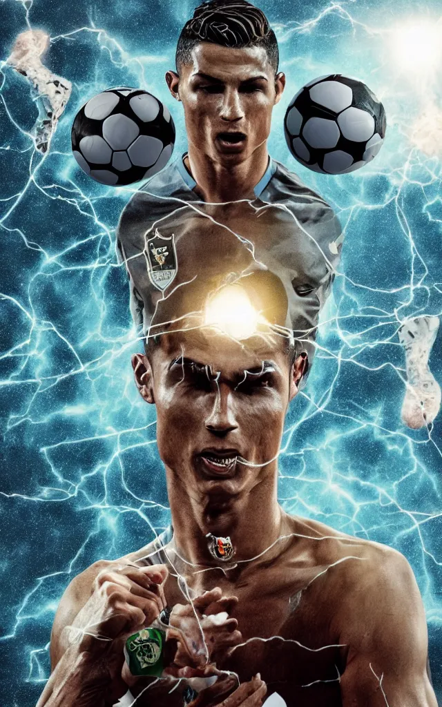 Image similar to scientific twisted cristiano ronaldo soccer player surrounded by twisted skulls and tackling the nike ball in front of the light flare, night earth crust, trail cam, realistic photography paleoart, masterpiece album cover