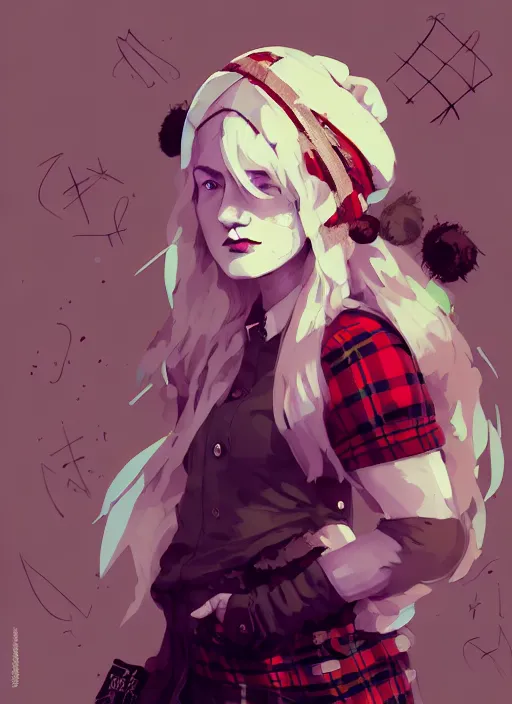 Prompt: highly detailed closeup portrait of a sewer punk swedish female mage student, tartan garment, blonde hair with headband by atey ghailan, by greg rutkowski, by greg tocchini, by james gilleard, by joe fenton, by kaethe butcher, gradient red, black, brown and white color scheme, grunge aesthetic!!! white graffiti tag wall background