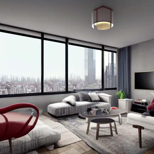 Image similar to high resolution concept art of an apartment living room overlooking a large futuristic city with floor to ceiling windows and mid century modern furniture and a sad clown sitting on the couch cinematic lighting cgsociety