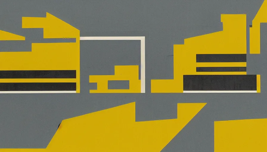 Prompt: architecture ad in the style of Bauhaus and John Baldessari. wide angle, cinematic, full color, yellow hue.