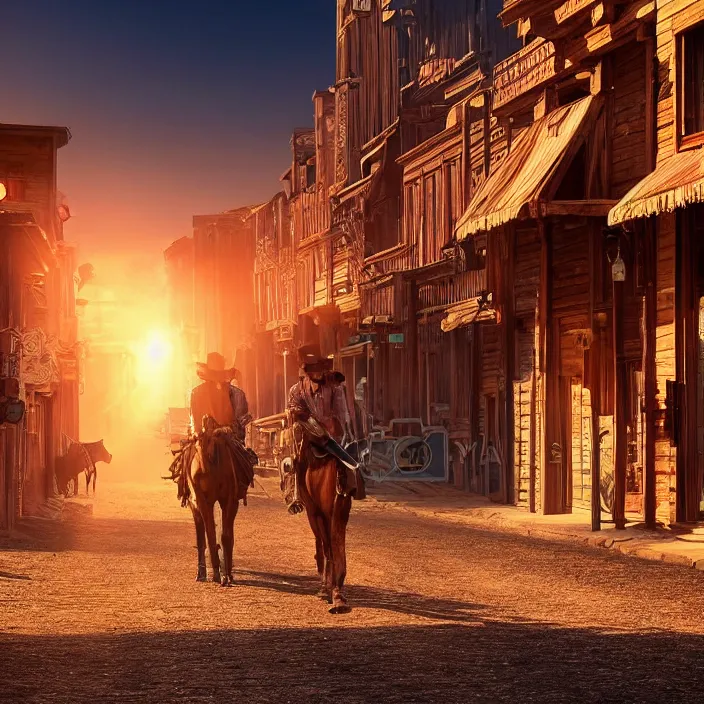 Image similar to a sunset light historical wild west empty street, duel between two cowboys, lots of sparkling details and sun ray's, blinding backlight, smoke, volumetric lighting, colorful, octane, 3 5 mm, saloon exterior, empty old town street, beautiful epic colored reflections, very colorful heavenly, softlight