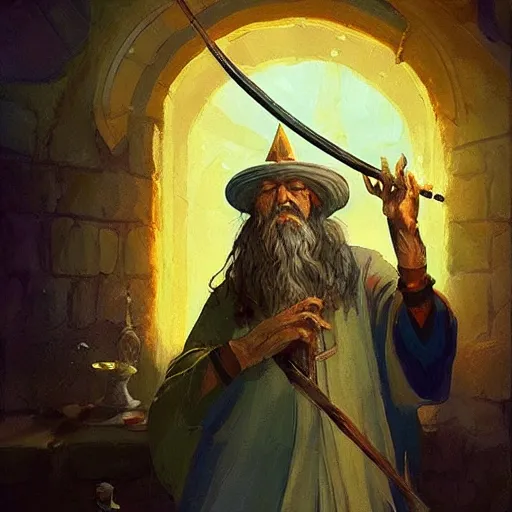 Image similar to “Old wizard with exquisite colored robes, Holding a staff with a crystal at the top, casting a spell, fantasy, D&D, 4k, ultra detailed, by Greg_Rutkowski and Viktor Antonov”