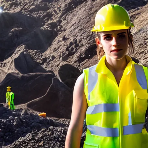 Image similar to photo, close up, emma watson in a hi vis vest, in dusty open pit mine, android cameraphone, lens flare, 2 6 mm,