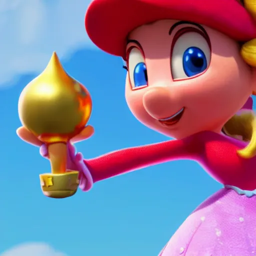 Image similar to A Still of Princess Peach in an animated Disney Pixar movie holding a gold coin in the mushroom kingdom, dynamic pose, promotional render, 35mm f1.8, bokeh, 4k, artstation, PBR materials, Pixar renderman render