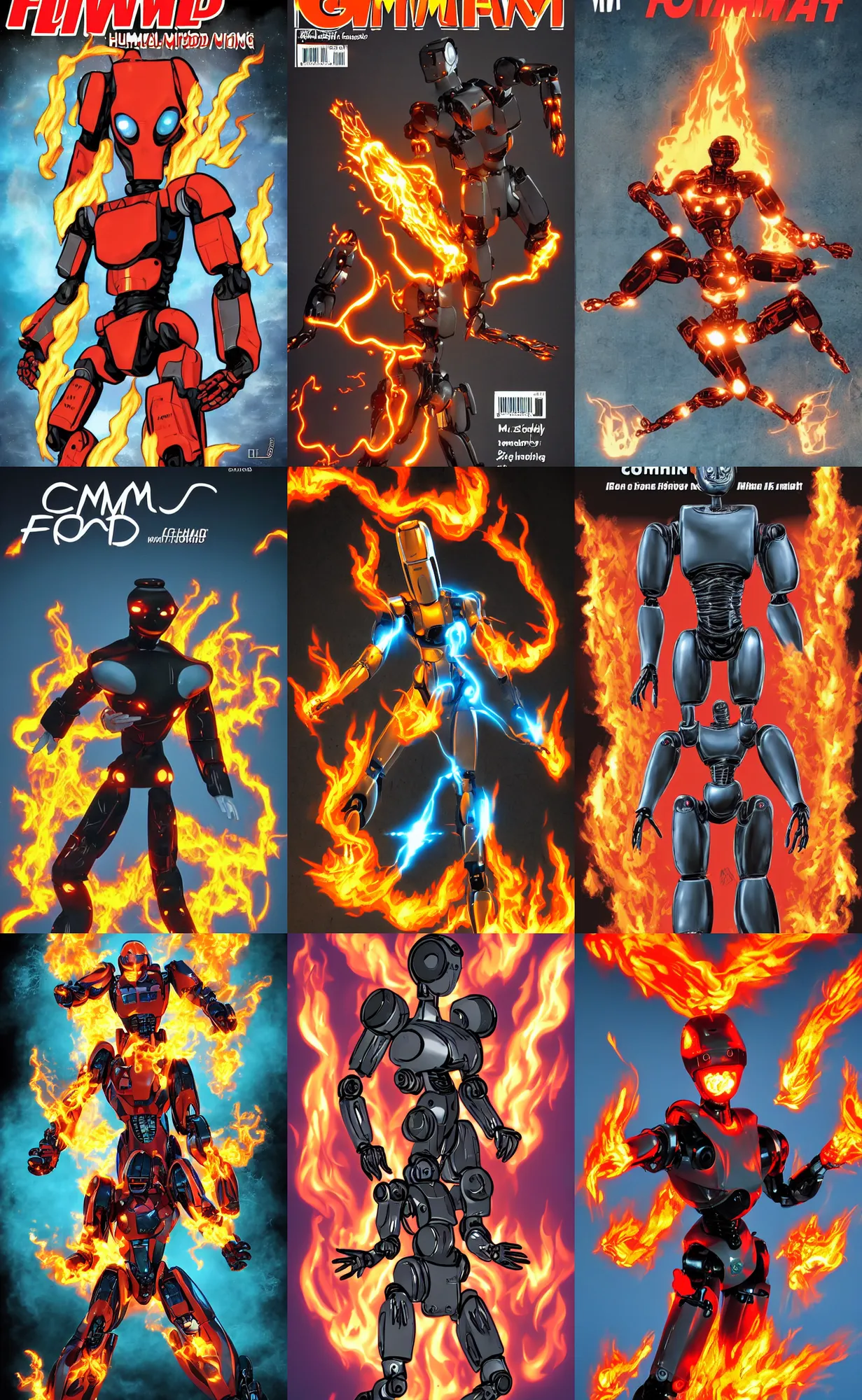 Prompt: comic book cover of a humanoid robot with flames moving from the right to the left