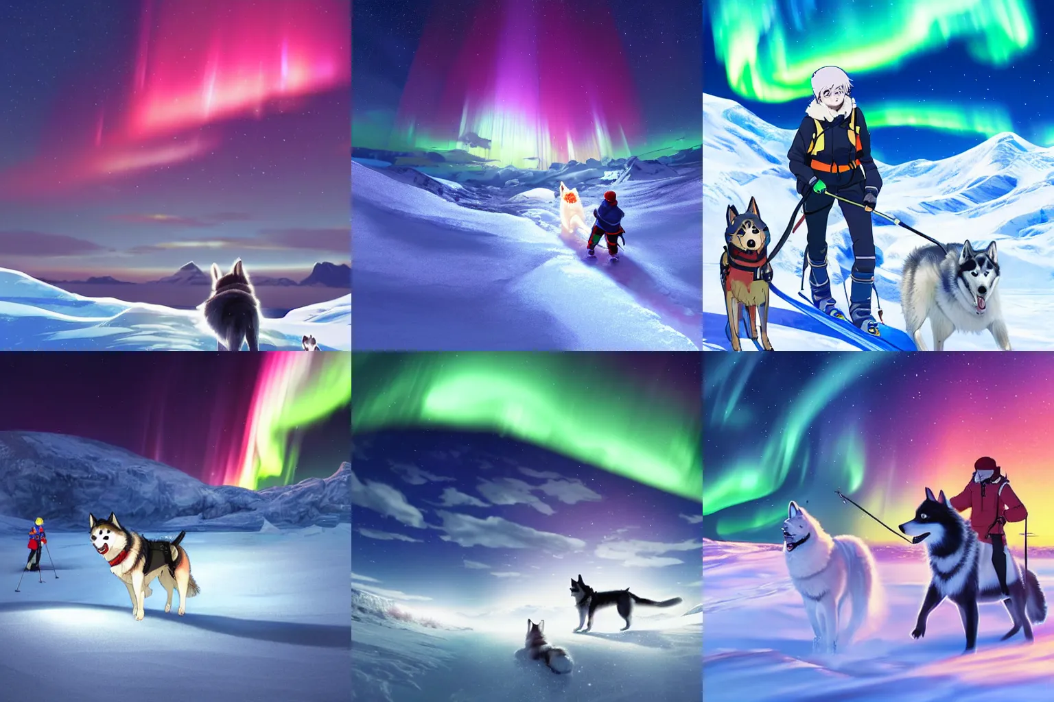 Prompt: Anime key visual of an adventurer exploring the arctic on skis with a husky, illuminated by the beautiful northern lights in the night sky above them, tranquil, trending on artstation, kimi no na wa