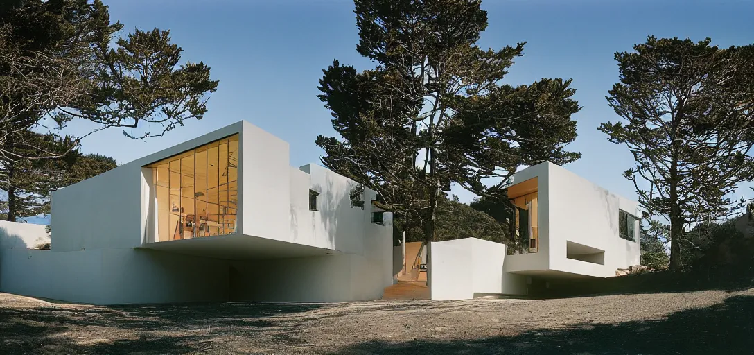 Prompt: new house designed by rem koolhaas. monterey, ca in 2 0 2 2. fujinon premista 1 9 - 4 5 mm t 2. 9. portra 8 0 0.