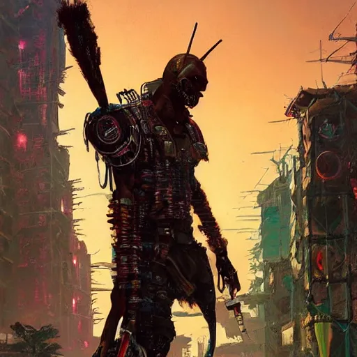 Image similar to a zulu cyberpunk warrior in a synthwave village by greg rutkowski and android jones, oil on canvas