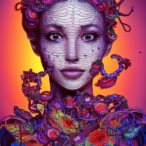 Image similar to the portrait of a ridiculously beautiful and elegant woman partially made of onion rings of all colors, an ultrafine detailed illustration by james jean, final fantasy, intricate linework, bright colors, behance contest winner, vanitas, angular, altermodern, unreal engine 5 highly rendered, global illumination, radiant light, detailed and intricate environment