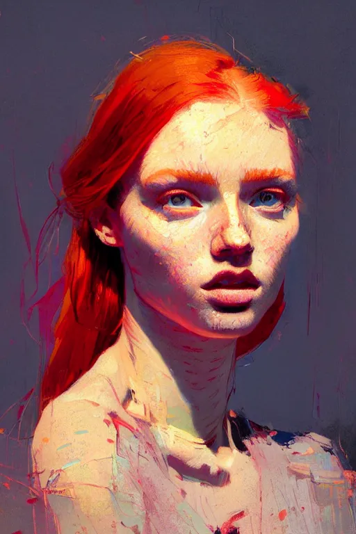 Image similar to portrait of a beautiful redhead girl, complementary colors, beautiful face, rule of thirds, intricate outfit, spotlight, by greg rutkowski, by jeremy mann, by francoise nielly, by van gogh, digital painting