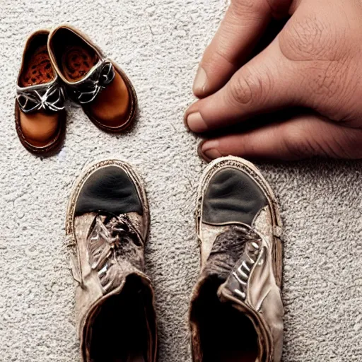 Image similar to a tiny man living inside a dirty womens shoe