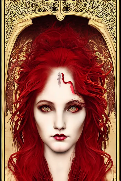 Image similar to art nouveau goddess face and red hair : : horror : : framed in art nouveau scroll work : : perfect female face : : vfx, postprocessing, cgsociety, 8 k, high resolution, enhanced 8 k render, sharp details, hyperrealistic, cinematic, moody, insane details, high resolution, movie concept art