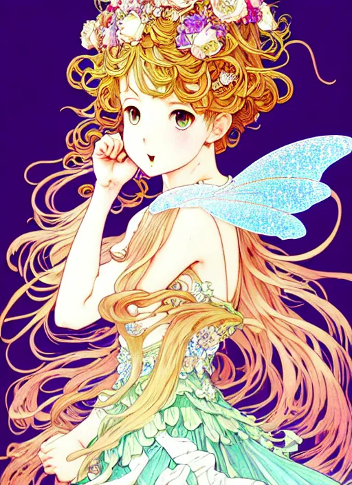 Image similar to exquisite imaginative manga poster of a fairy princess, long wavy hair, rococo ruffles dress, shimmering, by shigenori soejima, minaba hideo, katsuhiro otomo, alphonse mucha, jump comics, illustration, artstation, highly detailed, 8 k, fluorescent, fluorescent, maximalist